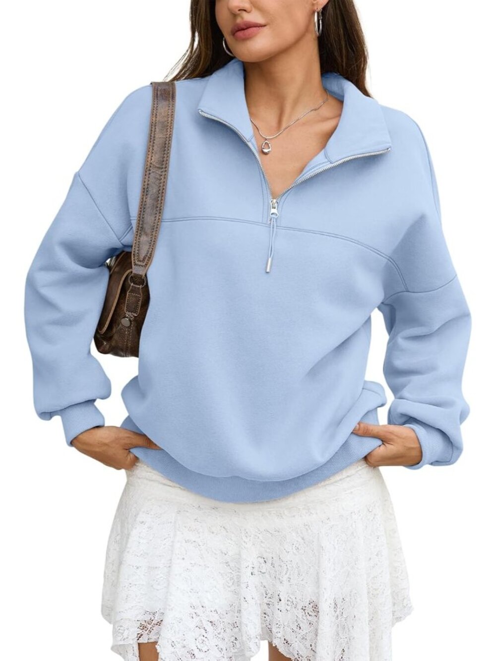🆕Women's Lake Blue Fleece Quarter Zip Pullover Oversized Long Sleeve Sweater